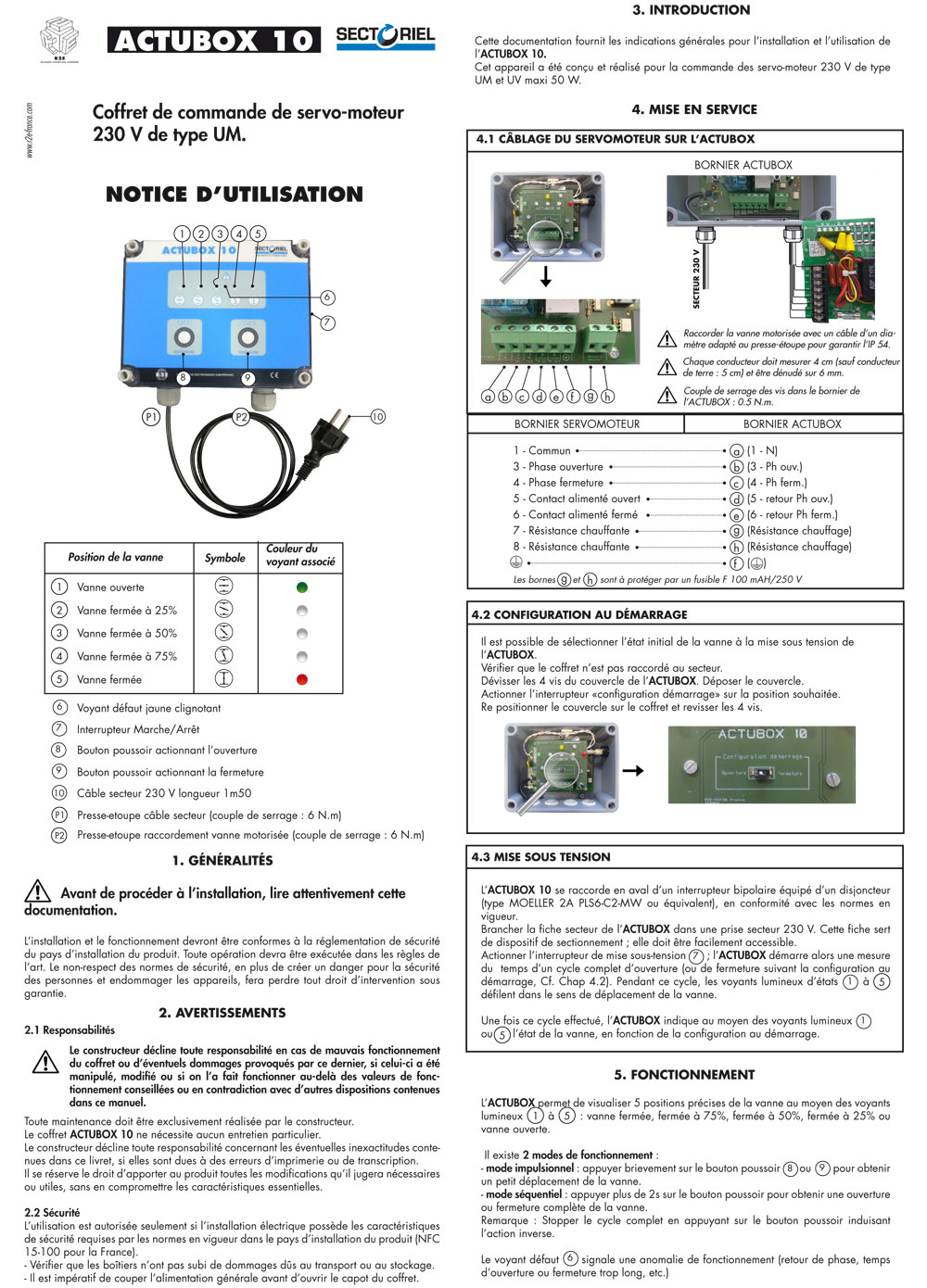 notice de l'ACTUBOX, coffret de pilotage de vannes motorise